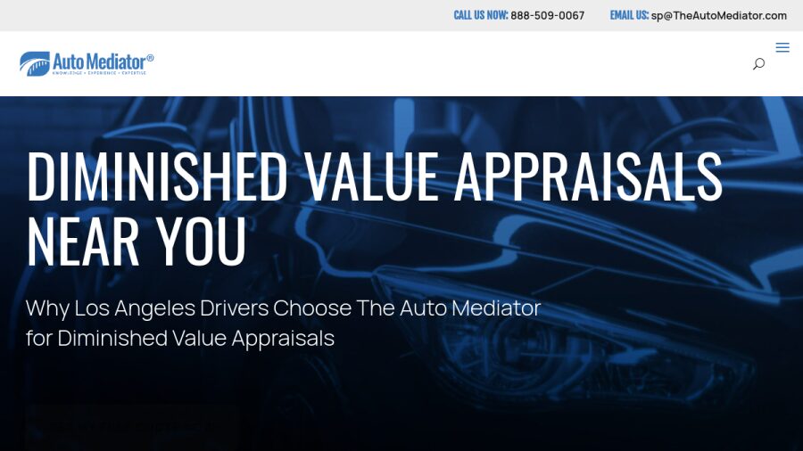 Página web de The Auto Mediator, tasaciones de autos en Estados Unidos